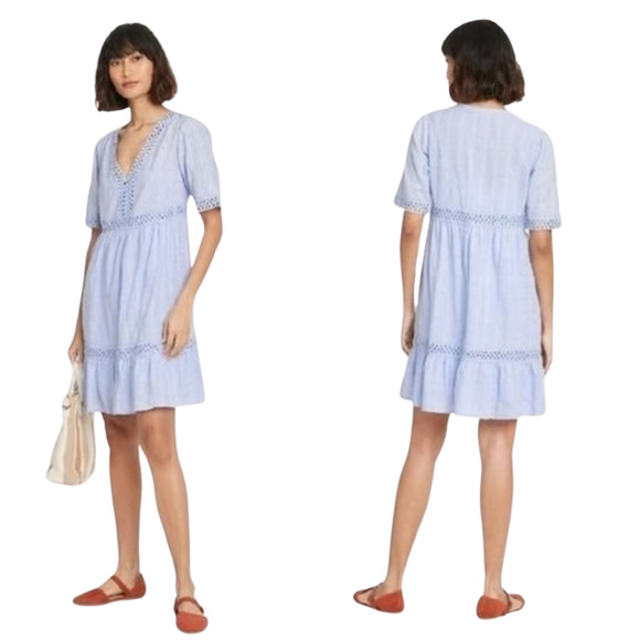 Knox Rose Mini Dress S Crochet Embroidered V-Neck Short Sleeve Blue BOHO NWT‎ - Picture 1 of 7
